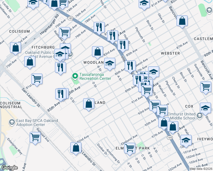 map of restaurants, bars, coffee shops, grocery stores, and more near 8626 B Street in Oakland