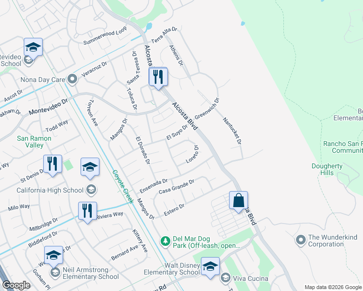 map of restaurants, bars, coffee shops, grocery stores, and more near 3426 Loreto Drive in San Ramon