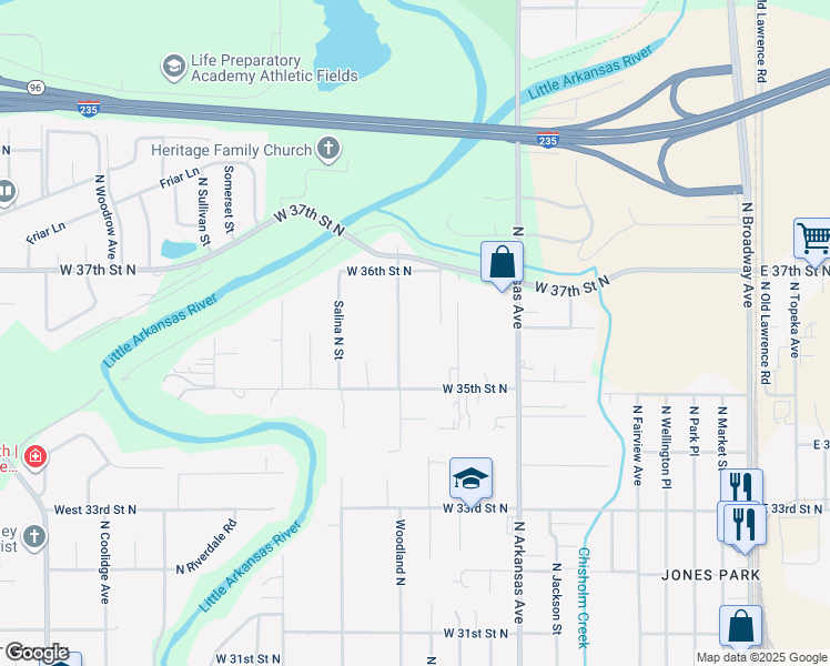 map of restaurants, bars, coffee shops, grocery stores, and more near 3701 N Jeanette Ave in Wichita