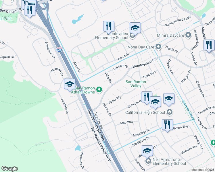 map of restaurants, bars, coffee shops, grocery stores, and more near 9993 Toby Road in San Ramon