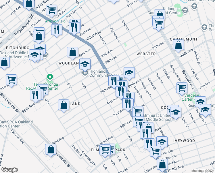 map of restaurants, bars, coffee shops, grocery stores, and more near 1330 88th Avenue in Oakland
