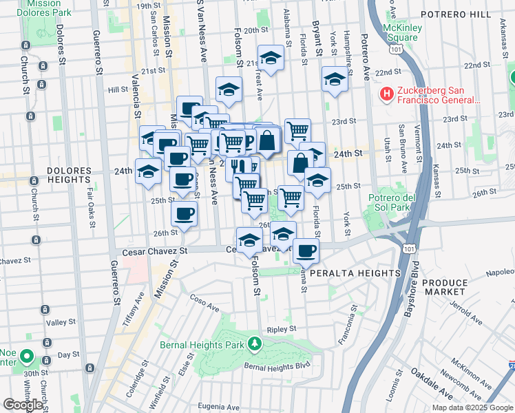 map of restaurants, bars, coffee shops, grocery stores, and more near in San Francisco