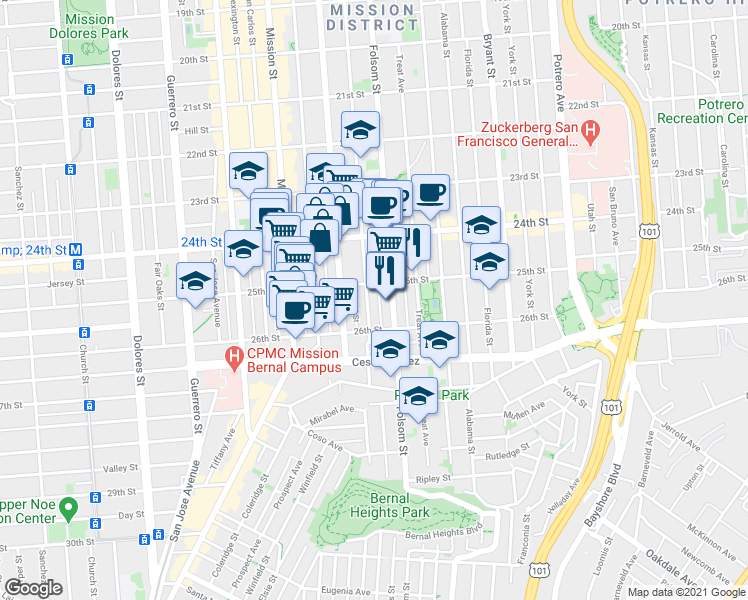 map of restaurants, bars, coffee shops, grocery stores, and more near 1118 Shotwell Street in San Francisco