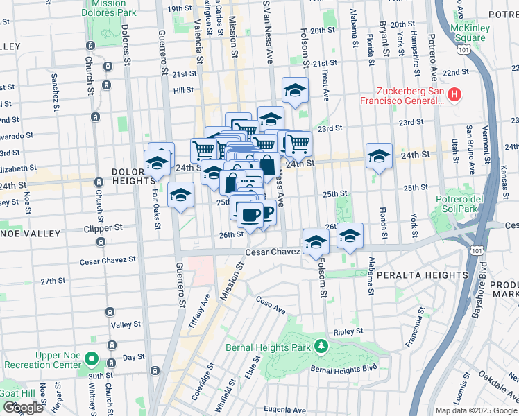 map of restaurants, bars, coffee shops, grocery stores, and more near 2901 Mission Street in San Francisco