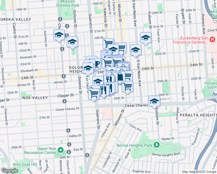 map of restaurants, bars, coffee shops, grocery stores, and more near 3531 25th Street in San Francisco