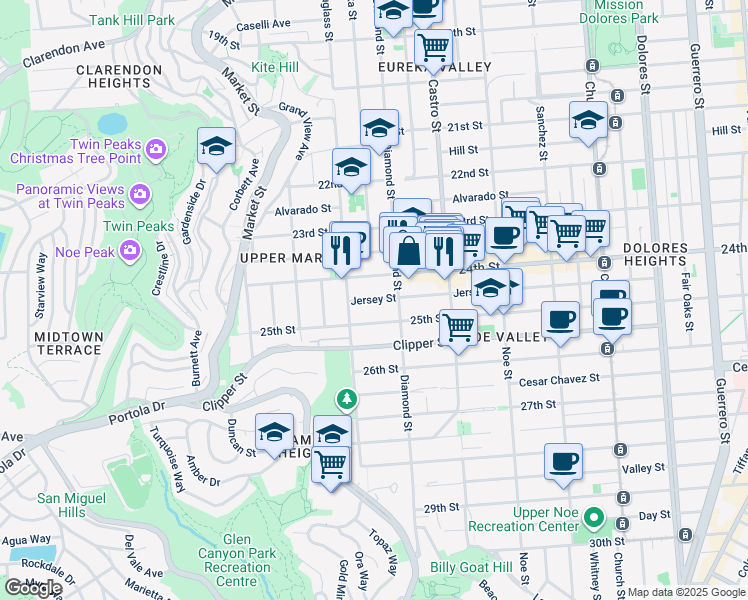 map of restaurants, bars, coffee shops, grocery stores, and more near 550 Jersey Street in San Francisco