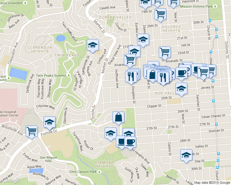 map of restaurants, bars, coffee shops, grocery stores, and more near 405 Hoffman in San Francisco