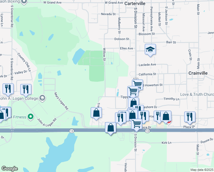 map of restaurants, bars, coffee shops, grocery stores, and more near 1063-1109 Willow Street in Carterville