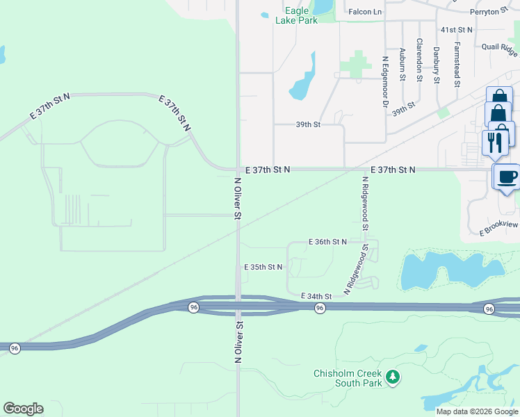 map of restaurants, bars, coffee shops, grocery stores, and more near 3636 North Oliver Street in Wichita