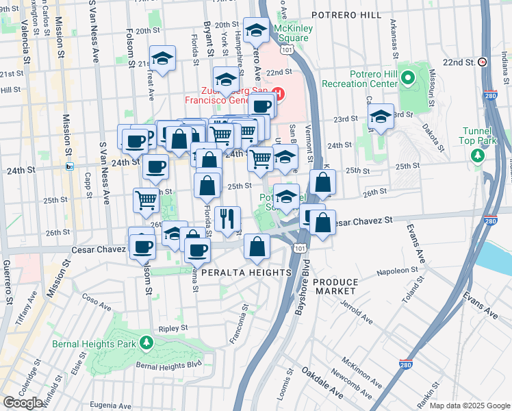 map of restaurants, bars, coffee shops, grocery stores, and more near 1379 Hampshire Street in San Francisco