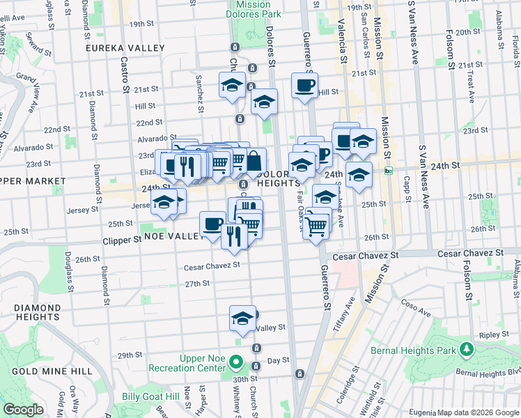 map of restaurants, bars, coffee shops, grocery stores, and more near 3850 25th Street in San Francisco