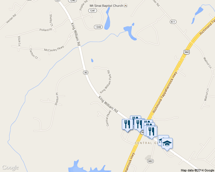 map of restaurants, bars, coffee shops, grocery stores, and more near King William Park Road in Aylett