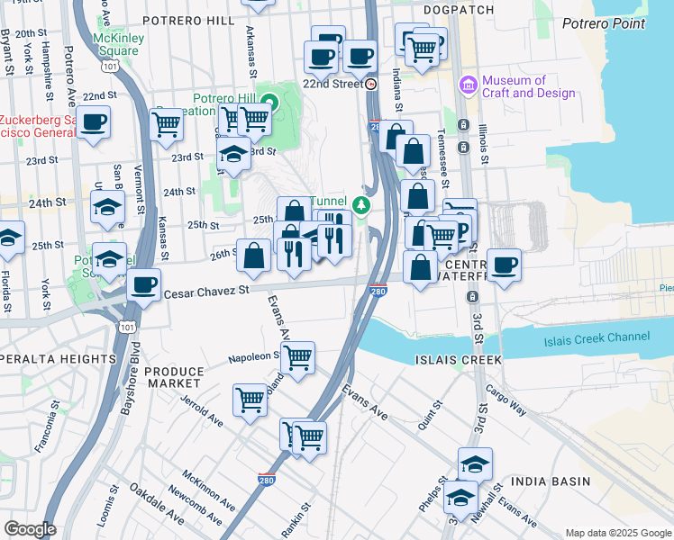 map of restaurants, bars, coffee shops, grocery stores, and more near 1740 Cesar Chavez Street in San Francisco