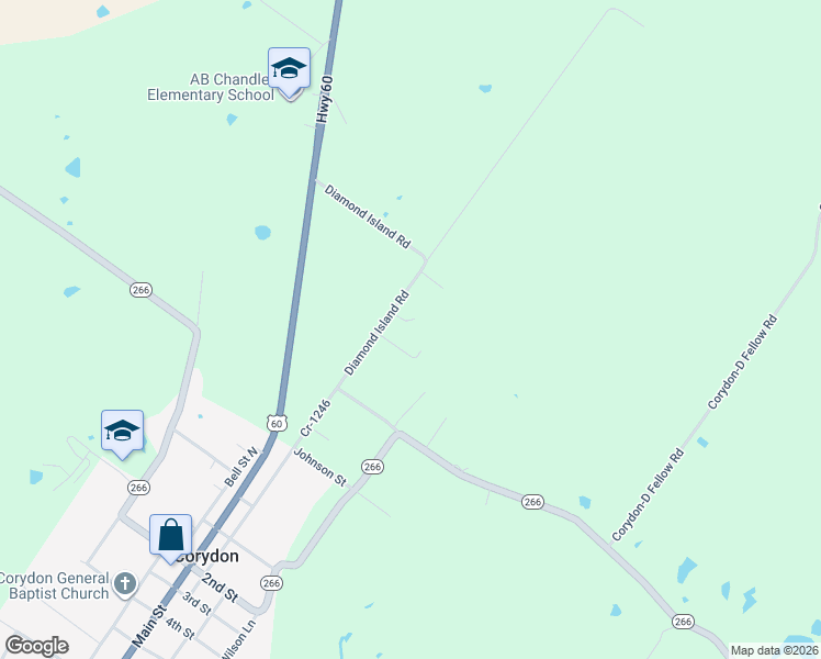 map of restaurants, bars, coffee shops, grocery stores, and more near 2920 Diamond Island Road in Corydon