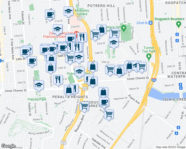 map of restaurants, bars, coffee shops, grocery stores, and more near 1501 Vermont Street in San Francisco