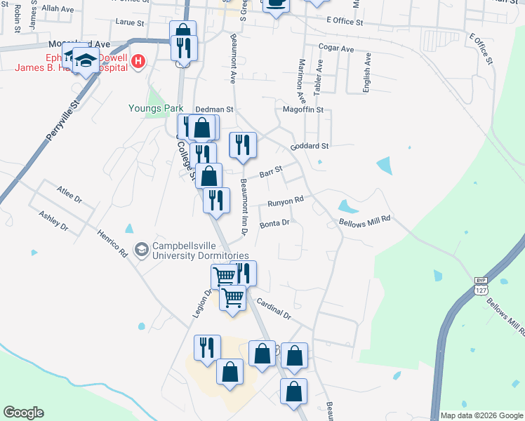 map of restaurants, bars, coffee shops, grocery stores, and more near 328 Runyon Road in Harrodsburg