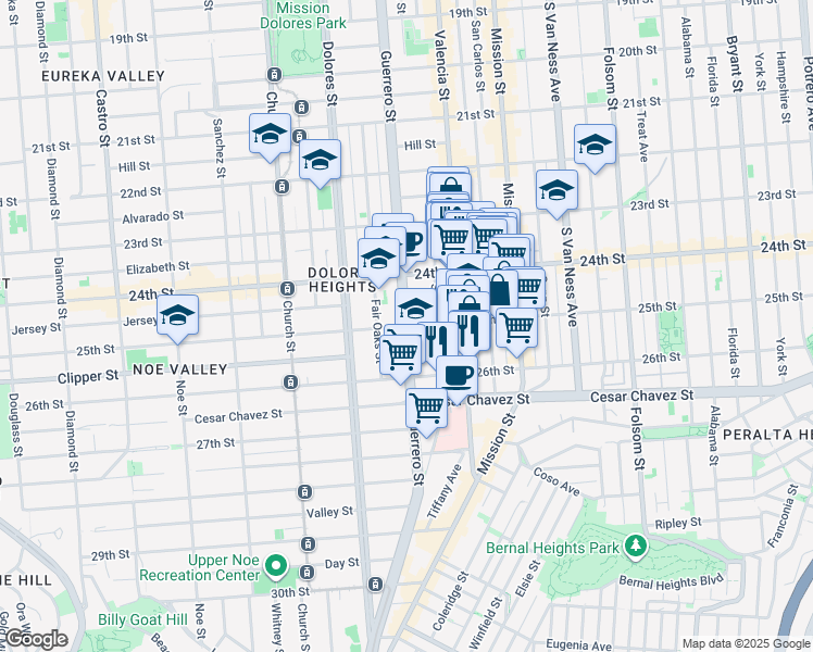 map of restaurants, bars, coffee shops, grocery stores, and more near Guerrero St & 25th St in San Francisco