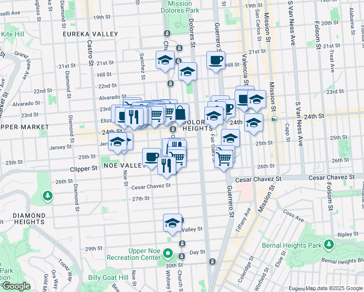 map of restaurants, bars, coffee shops, grocery stores, and more near 3870 25th Street in San Francisco