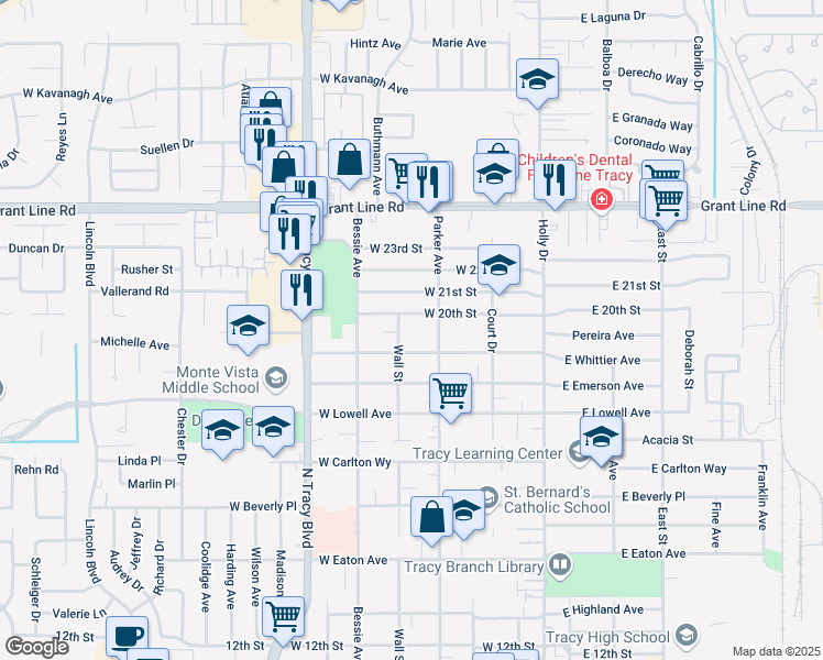 map of restaurants, bars, coffee shops, grocery stores, and more near 1940 Wall Street in Tracy