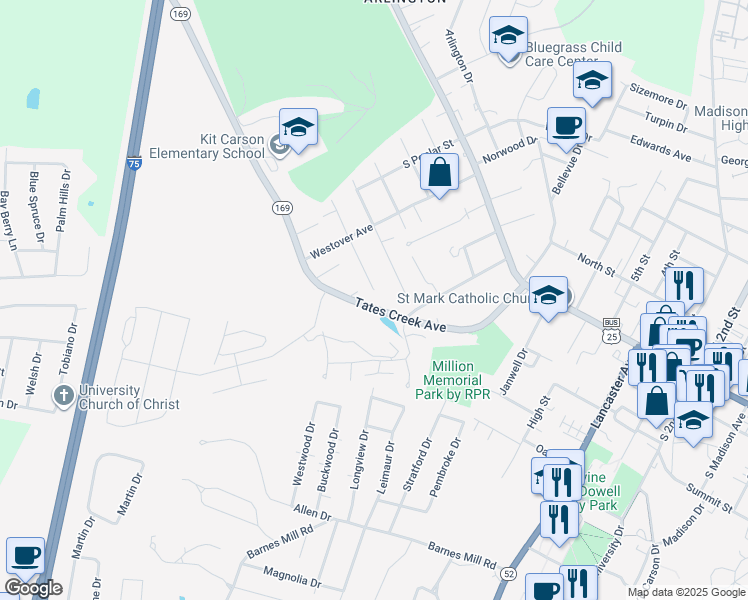 map of restaurants, bars, coffee shops, grocery stores, and more near 208 Tates Creek Avenue in Richmond