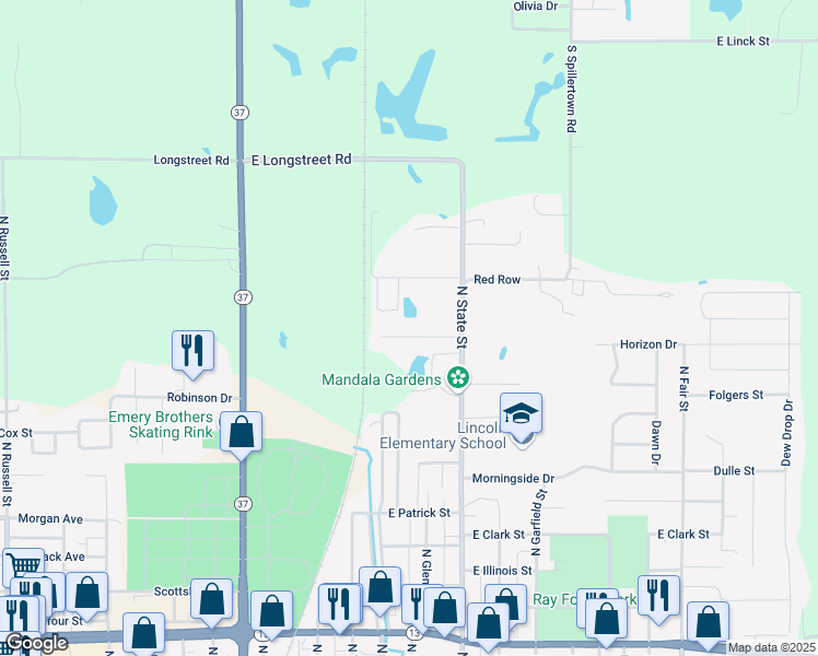 map of restaurants, bars, coffee shops, grocery stores, and more near 210 Wild Rose Lane in Marion