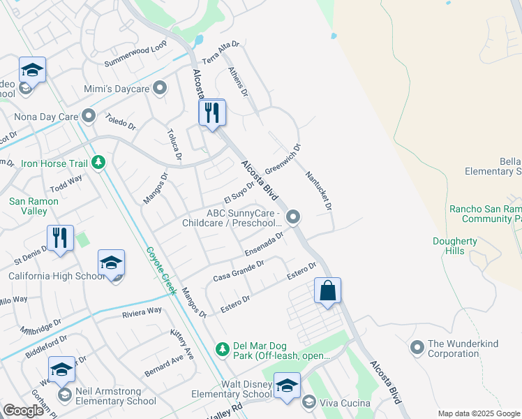 map of restaurants, bars, coffee shops, grocery stores, and more near 3379 Loreto Drive in San Ramon