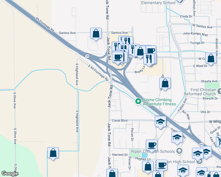 map of restaurants, bars, coffee shops, grocery stores, and more near S 99 Frontage Rd in Ripon