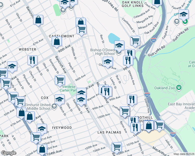 map of restaurants, bars, coffee shops, grocery stores, and more near 9741 Thermal Street in Oakland