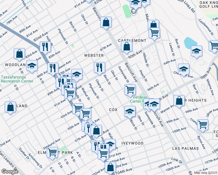 map of restaurants, bars, coffee shops, grocery stores, and more near 9310 Birch Street in Oakland