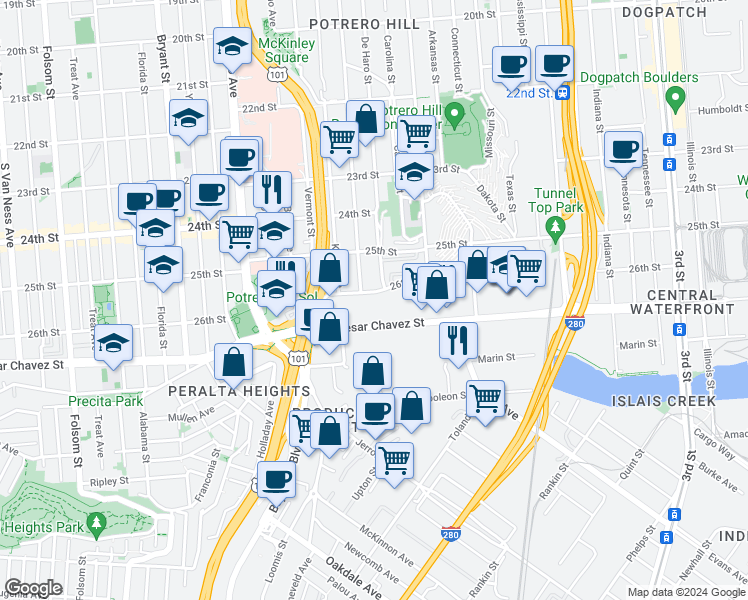 map of restaurants, bars, coffee shops, grocery stores, and more near 2041 26th Street in San Francisco