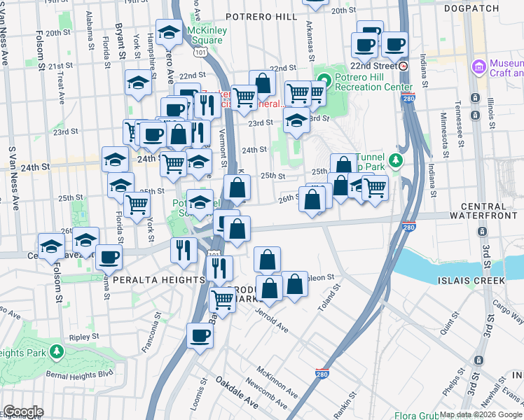 map of restaurants, bars, coffee shops, grocery stores, and more near 2211 26th Street in San Francisco