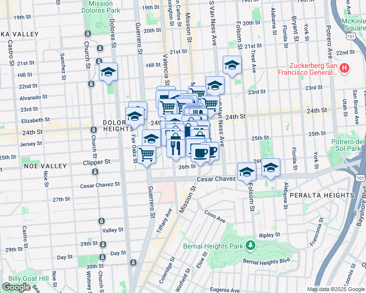 map of restaurants, bars, coffee shops, grocery stores, and more near 9 25th Street in San Francisco