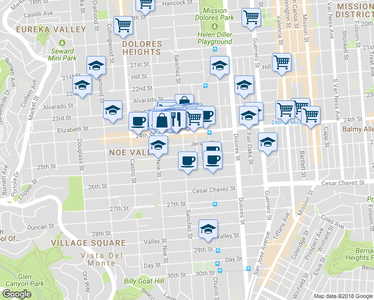 map of restaurants, bars, coffee shops, grocery stores, and more near 207 Jersey Street in San Francisco