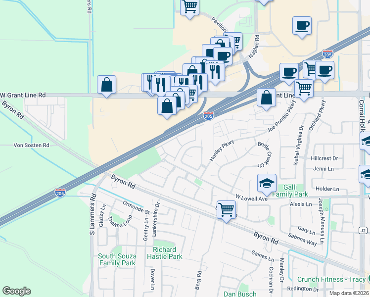 map of restaurants, bars, coffee shops, grocery stores, and more near 2849 Hawkins Lane in Tracy