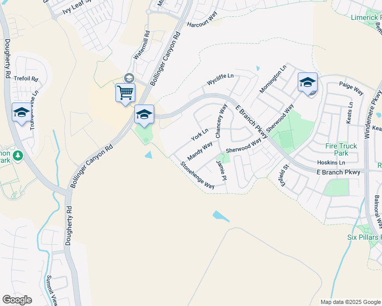 map of restaurants, bars, coffee shops, grocery stores, and more near 3575 York Lane in San Ramon