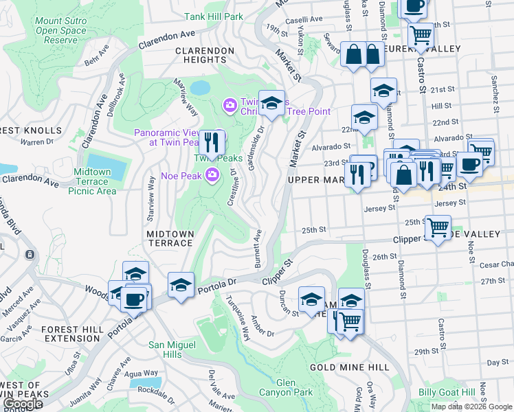 map of restaurants, bars, coffee shops, grocery stores, and more near 12 Perego Terrace in San Francisco