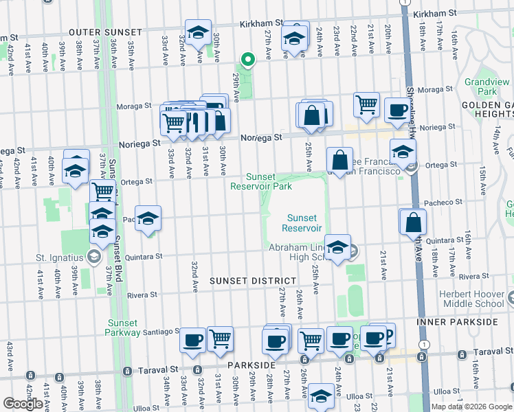 map of restaurants, bars, coffee shops, grocery stores, and more near 1983 28th Avenue in San Francisco