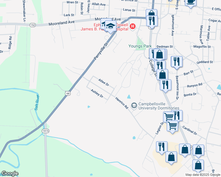 map of restaurants, bars, coffee shops, grocery stores, and more near 450 Atlee Drive in Harrodsburg