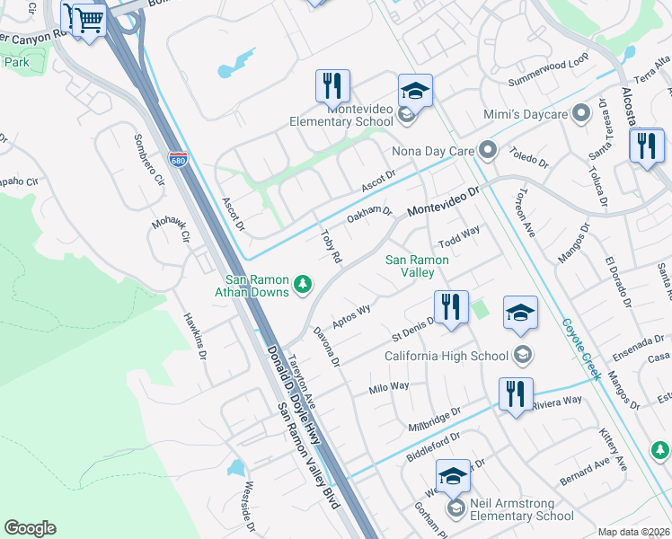 map of restaurants, bars, coffee shops, grocery stores, and more near 9993 Toby Road in San Ramon