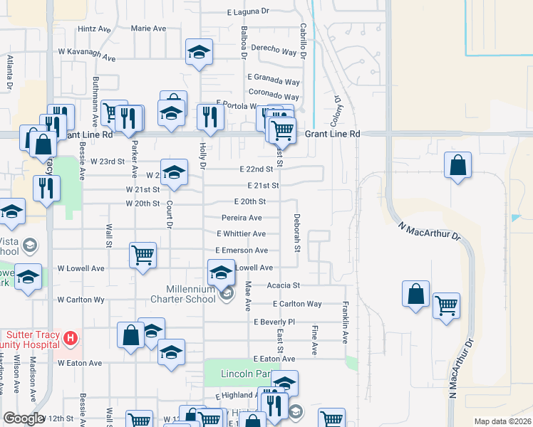 map of restaurants, bars, coffee shops, grocery stores, and more near 227 Pereira Avenue in Tracy