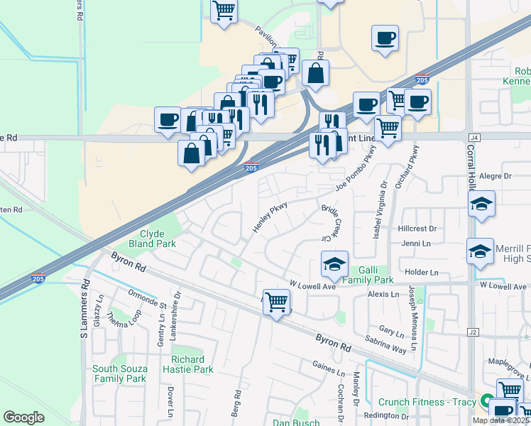 map of restaurants, bars, coffee shops, grocery stores, and more near 2695 Castle Creek Court in Tracy