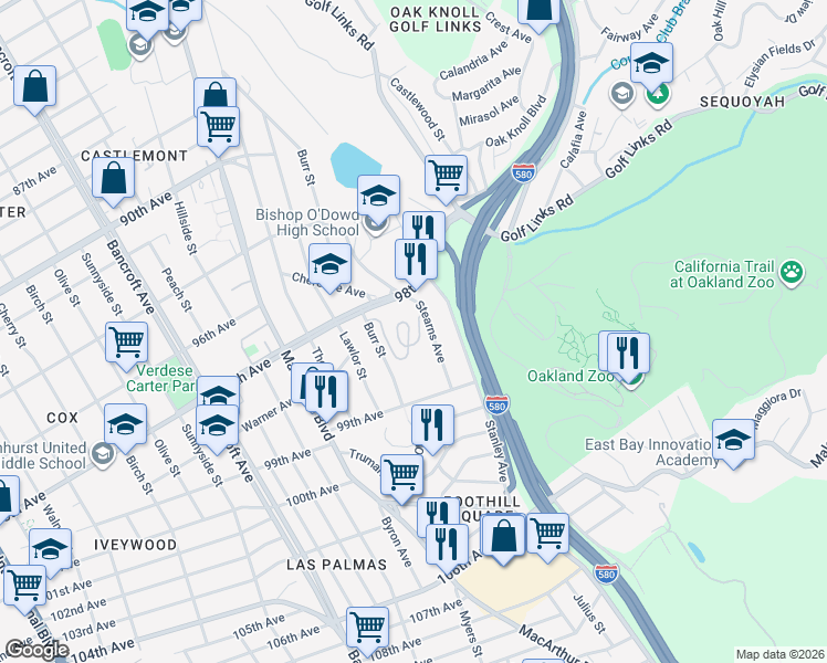 map of restaurants, bars, coffee shops, grocery stores, and more near 79 Anair Way in Oakland