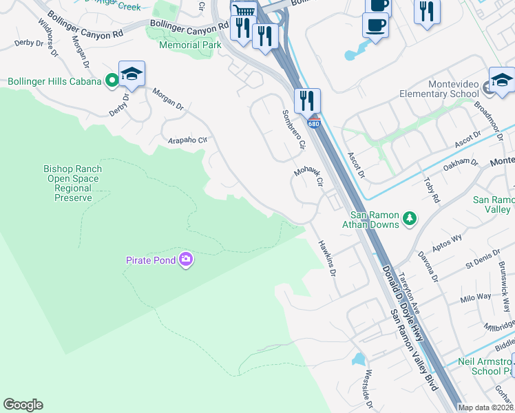 map of restaurants, bars, coffee shops, grocery stores, and more near 2787 Morgan Drive in San Ramon