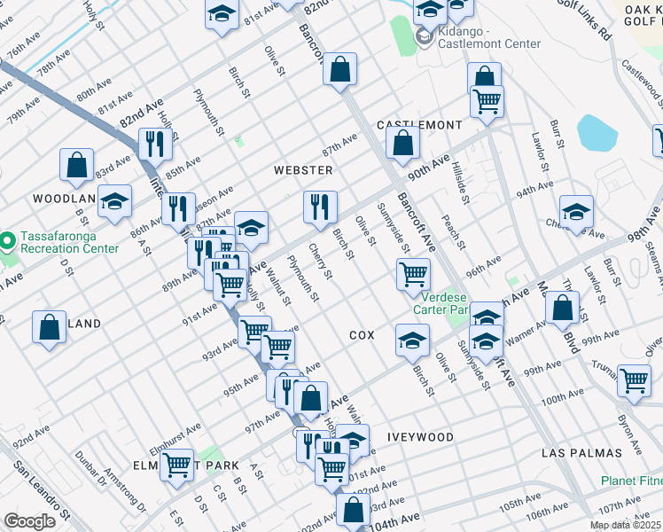 map of restaurants, bars, coffee shops, grocery stores, and more near 9220 Cherry St in Oakland