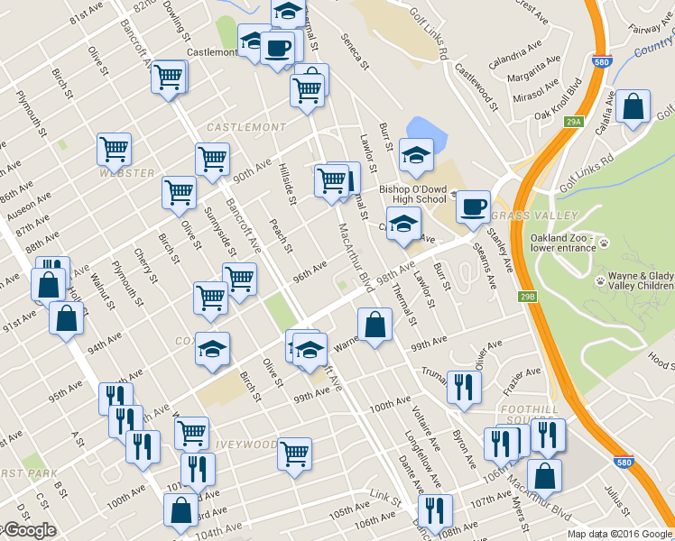 map of restaurants, bars, coffee shops, grocery stores, and more near 9663 Elmview Dr in Oakland
