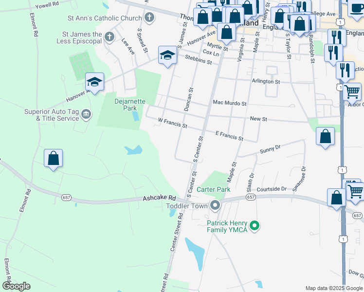 map of restaurants, bars, coffee shops, grocery stores, and more near 703 Duncan St in Ashland