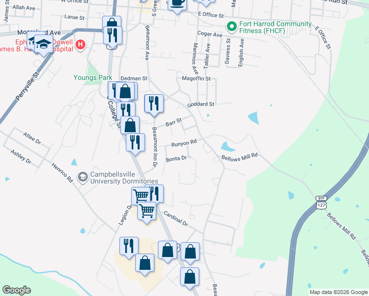 map of restaurants, bars, coffee shops, grocery stores, and more near 364 Runyon Road in Harrodsburg