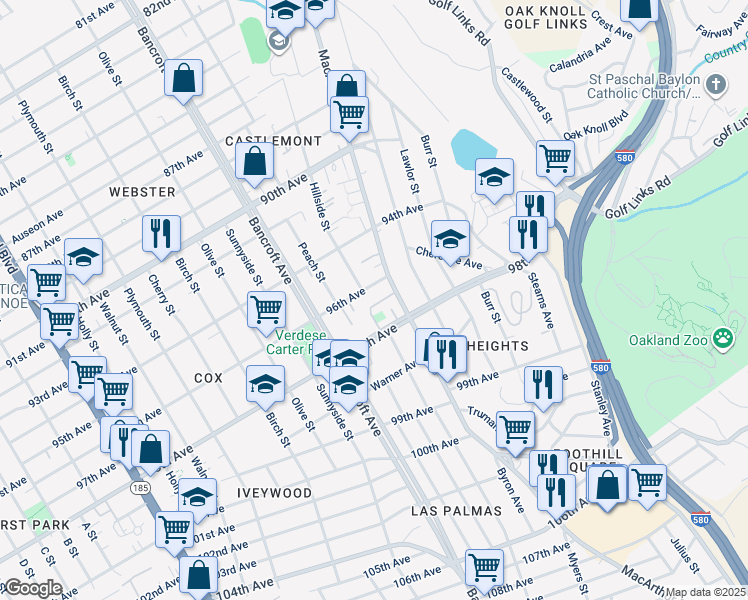map of restaurants, bars, coffee shops, grocery stores, and more near 9663 Elmview Drive in Oakland