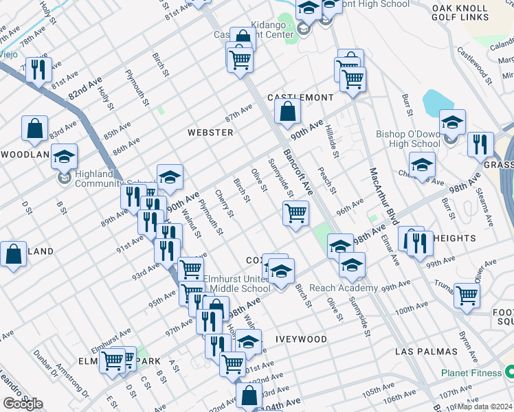 map of restaurants, bars, coffee shops, grocery stores, and more near 9310 Birch Street in Oakland