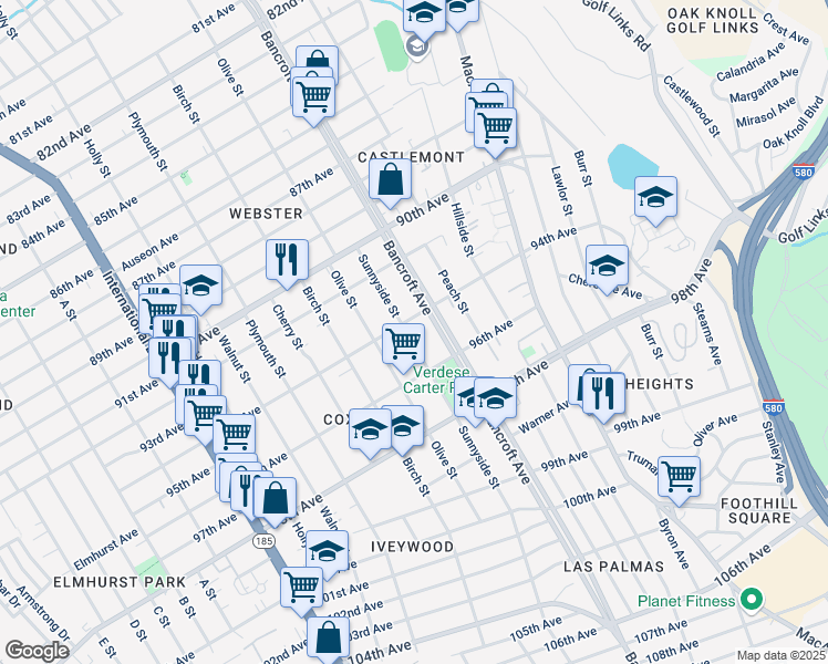 map of restaurants, bars, coffee shops, grocery stores, and more near 9424 Sunnyside Street in Oakland